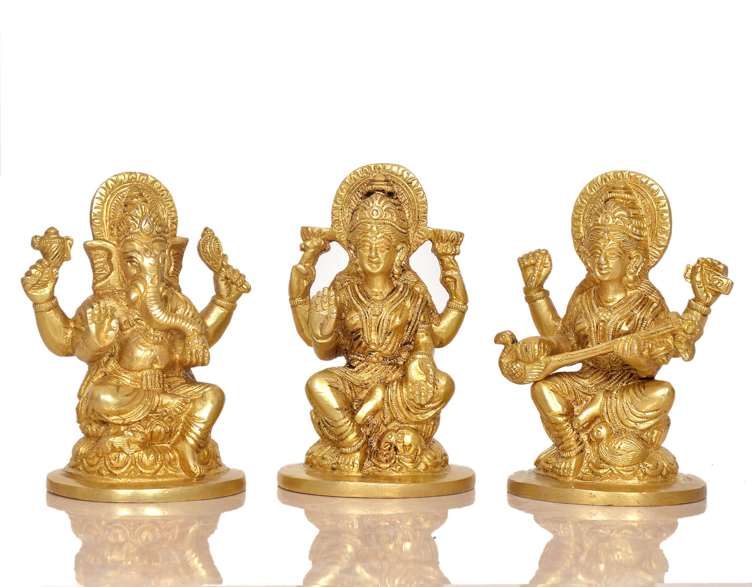 Aona Goddess Lakshmi Ganesha Saraswati Brass Idol Lakshmi Ganesh Murti For Diwali Pooja, Height 5 Inch